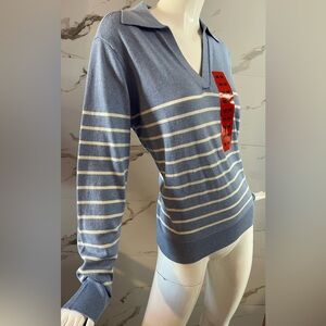 NWT LOFT Soft Blue & White Stripe V-Neck Collared Sweater Size M Business Casual